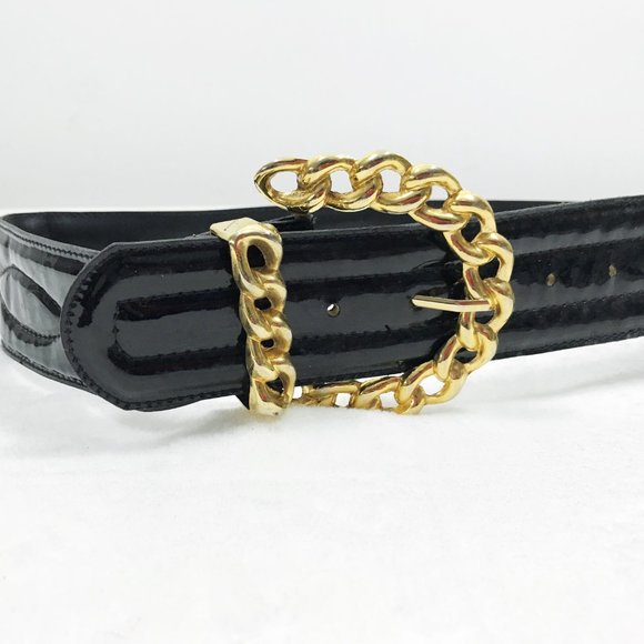 Vintage 90s Black Patent Belt with Gold Tone Buckle M - Picture 6 of 8